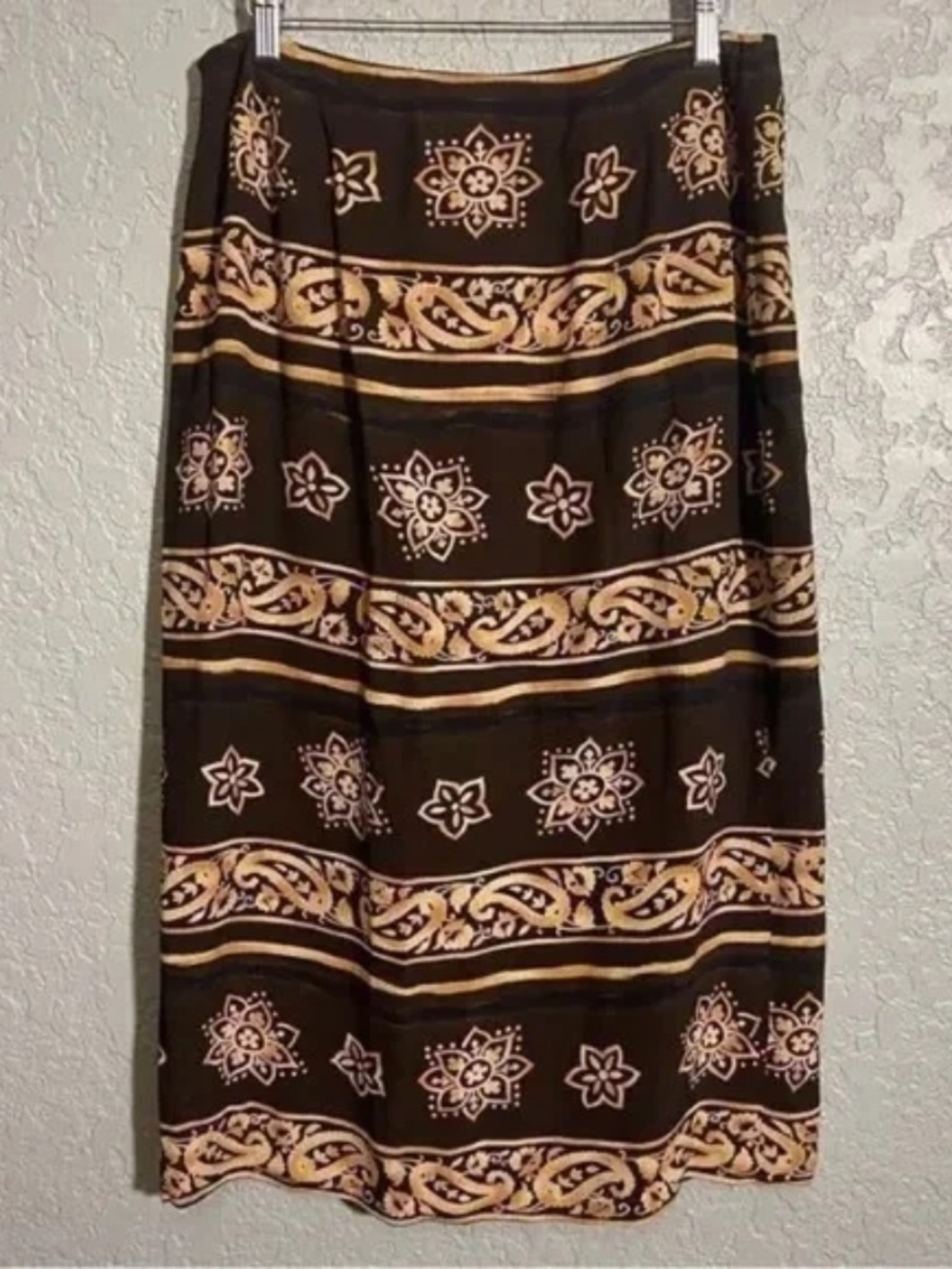 Vintage Women's Brown & Yellow Wrap Midi Skirt